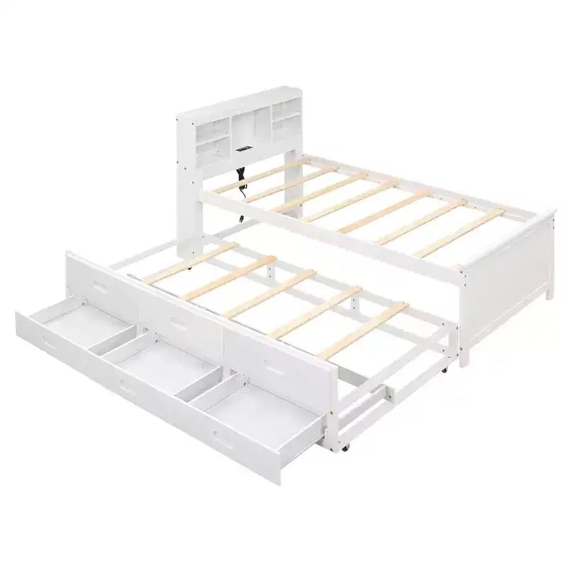 Platform Bed with Trundle and Drawers, Storage Platform Bed with USB, Wood Platform Bed with Bookcase