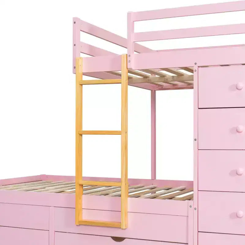 Full over Full Bunk Bed with Storage Wardrobe and Drawers, Full Size Wood Space-Saving Bunk Bed with Guardrail for Apartment, Bedroom