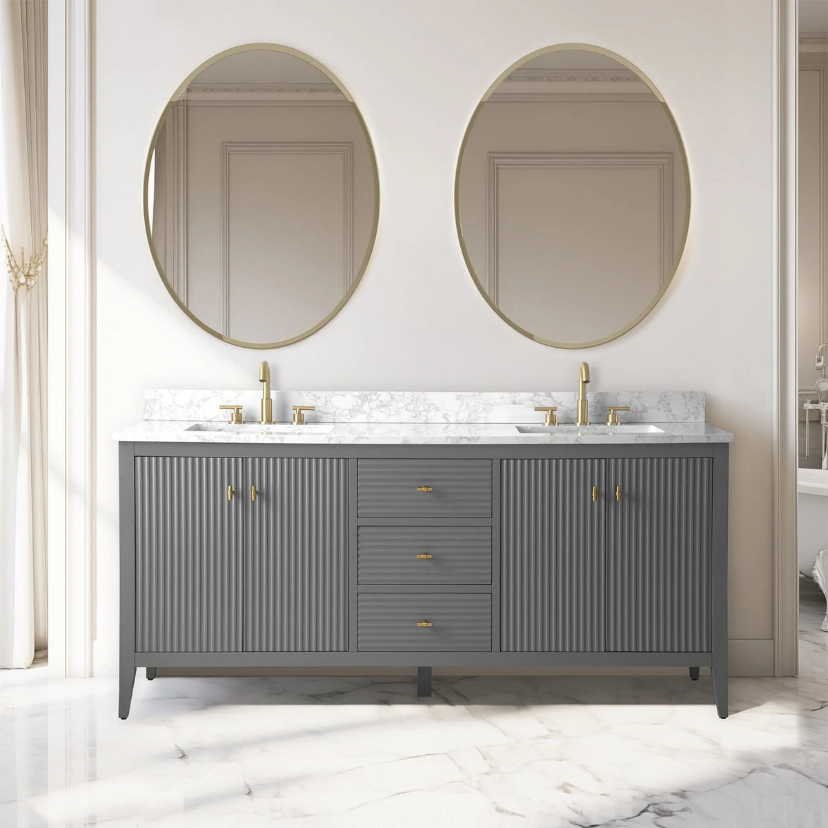 Vanity Art 72 Double Sink Bathroom Vanity Cabinet with Engineered Marble Top