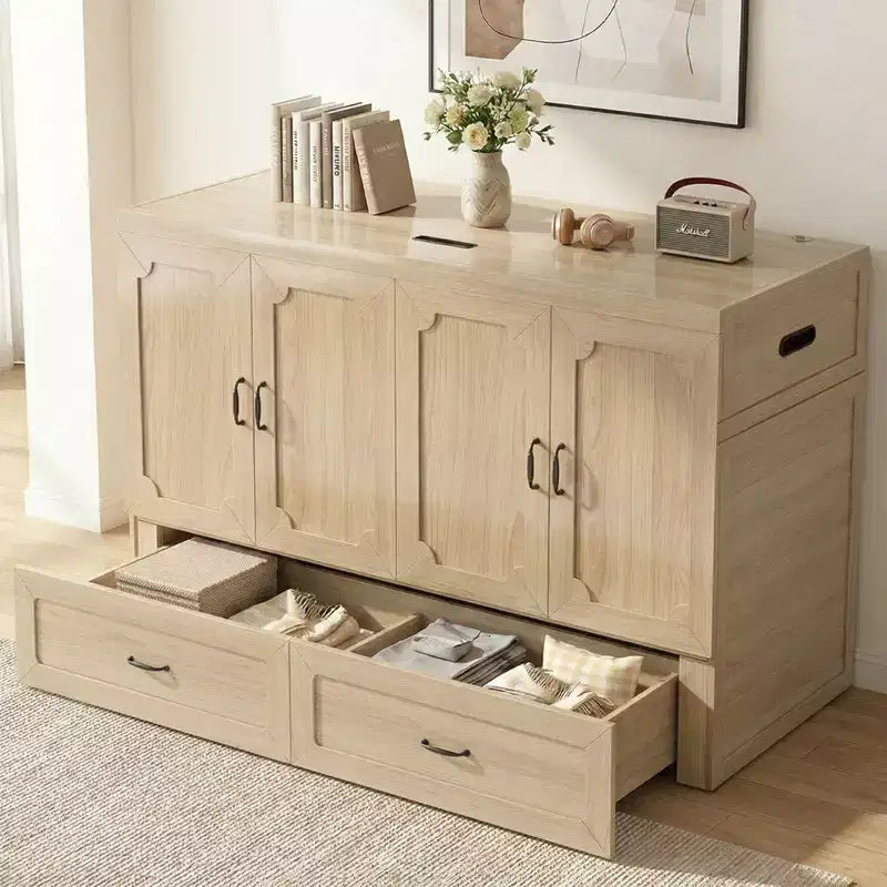 Mjkone Queen Size Convertible Murphy Cabinet Bed with USB Charging, Storage Drawers,No Mattress Included