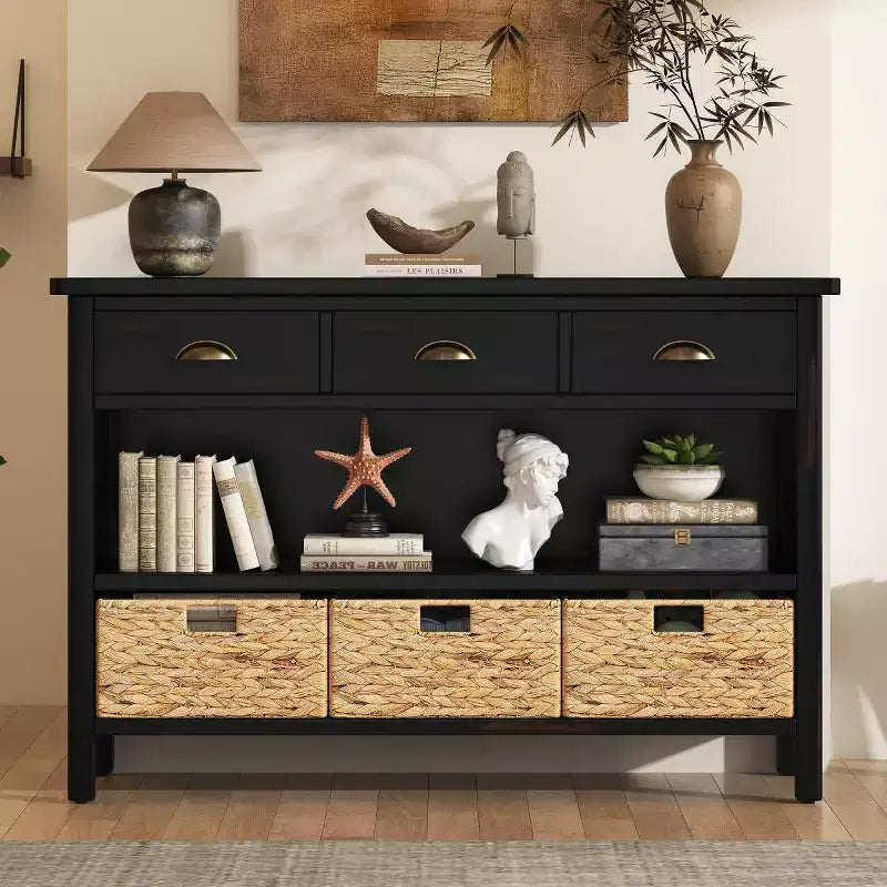 Entryway Console Table with Storage, Farmhouse Hallway Table with 3 Drawers and 3 Water Hyacinth Baskets for Living Room or Foyer - Panipeachy
