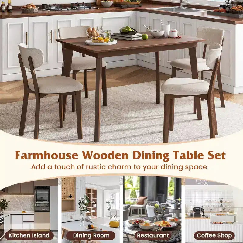 Costway 5-Piece Dining Table Set for 4 Farmhouse Wooden Table & 4 Upholstered Chairs