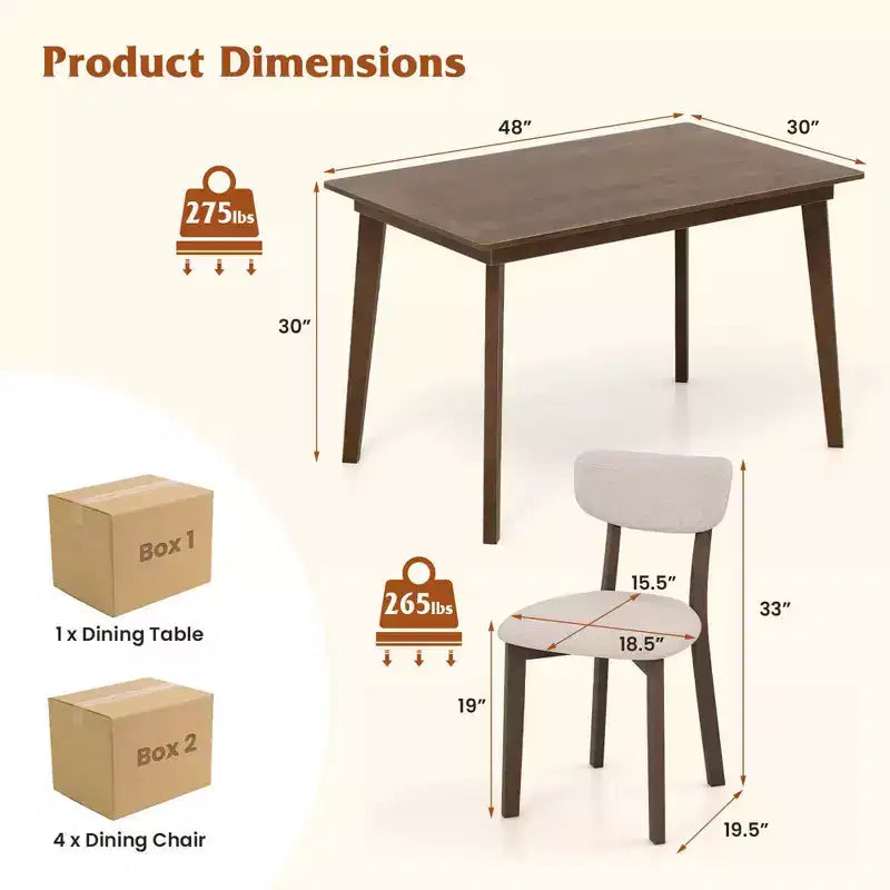 Costway 5-Piece Dining Table Set for 4 Farmhouse Wooden Table & 4 Upholstered Chairs