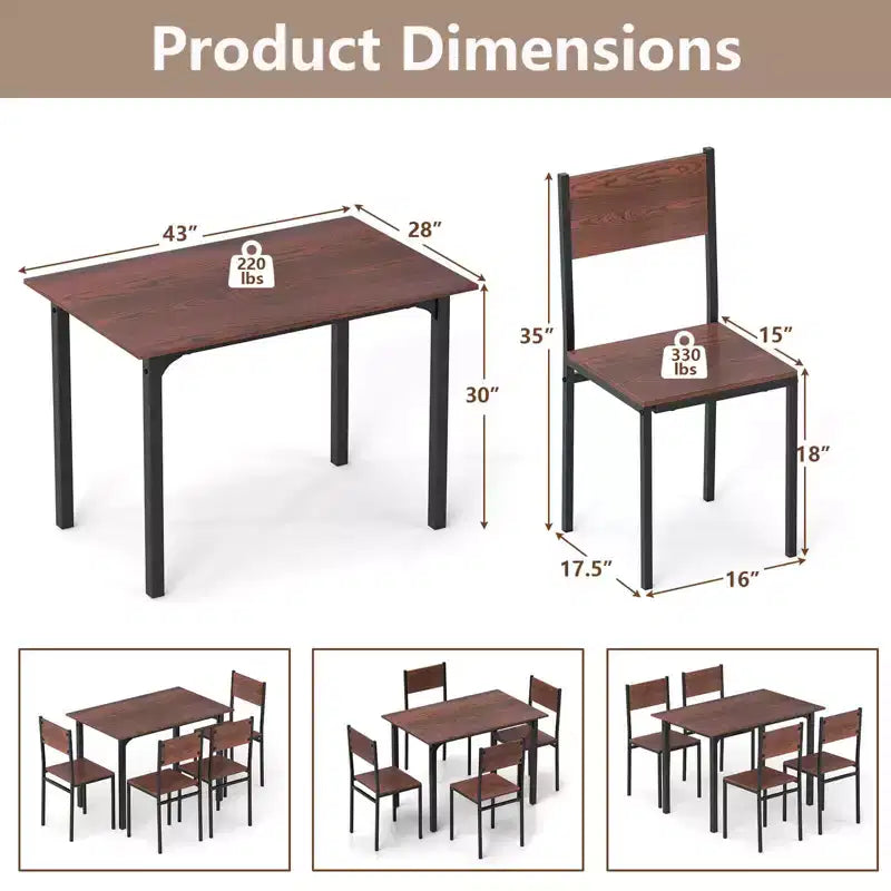 Costway 5 PCS Dining Table Set Industrial Style Kitchen Table & Chairs for 4 Gray/Brown/Dark Brown