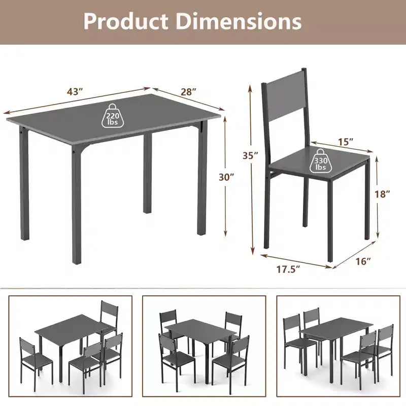 Costway 5 PCS Dining Table Set Industrial Style Kitchen Table & Chairs for 4 Gray/Brown/Dark Brown