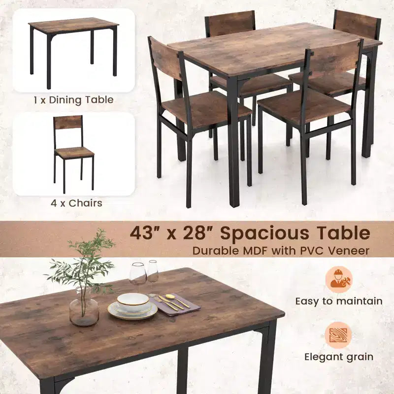 Costway 5 PCS Dining Table Set Industrial Style Kitchen Table & Chairs for 4 Gray/Brown/Dark Brown