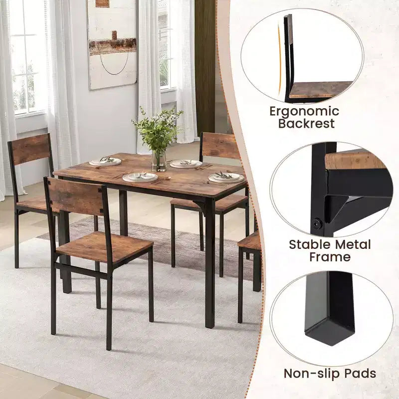 Costway 5 PCS Dining Table Set Industrial Style Kitchen Table & Chairs for 4 Gray/Brown/Dark Brown
