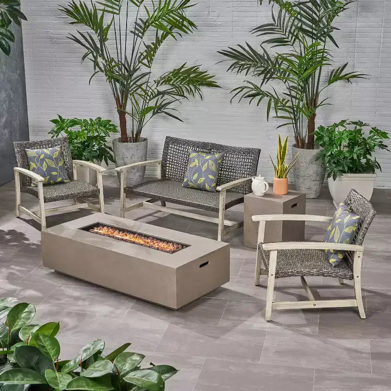 Christopher Knight Home Augusta Outdoor Acacia Wood and Wicker 4 Seater Chat Set with Fire Pit