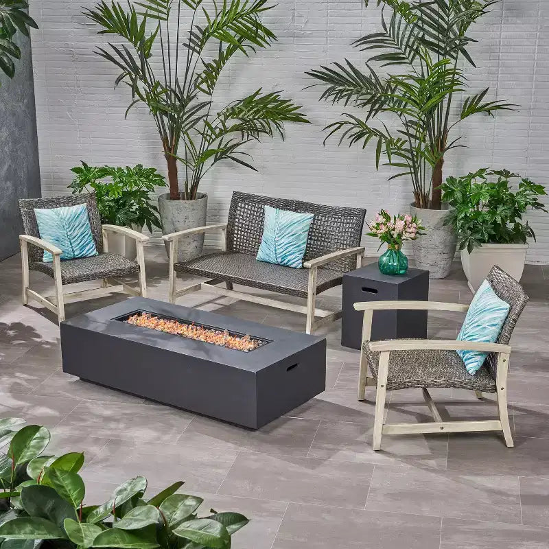 Christopher Knight Home Augusta Outdoor Acacia Wood and Wicker 4 Seater Chat Set with Fire Pit