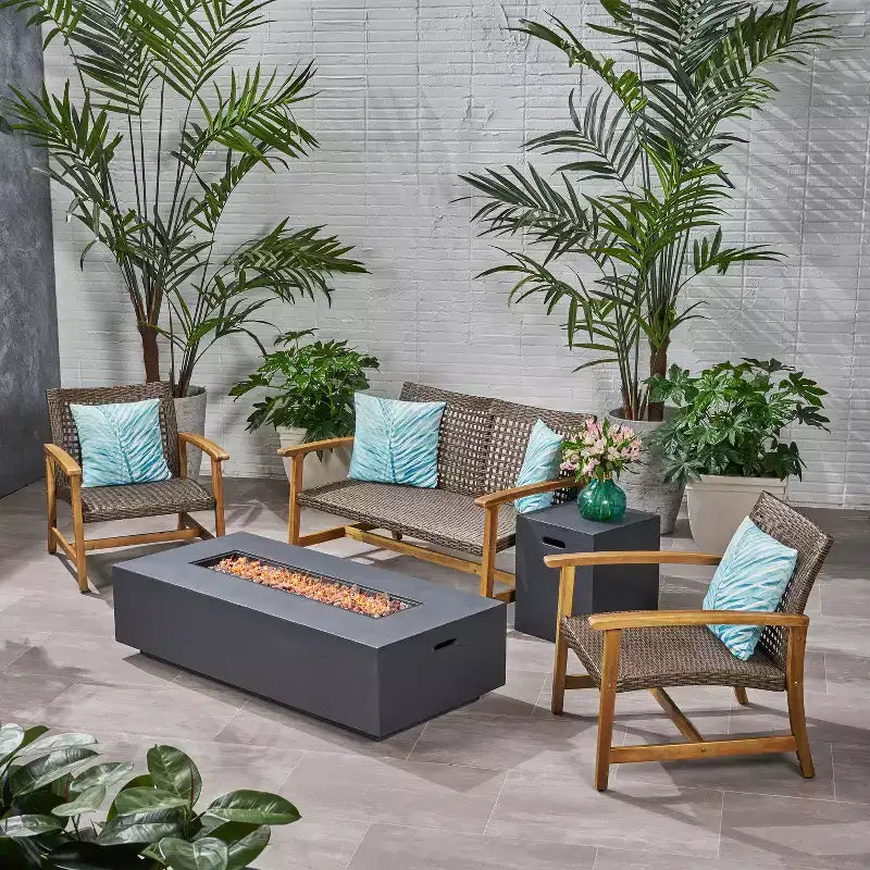 Christopher Knight Home Augusta Outdoor Acacia Wood and Wicker 4 Seater Chat Set with Fire Pit