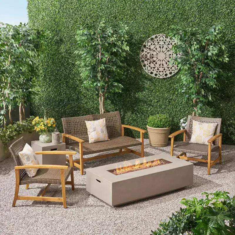 Christopher Knight Home Augusta Outdoor Acacia Wood and Wicker 4 Seater Chat Set with Fire Pit