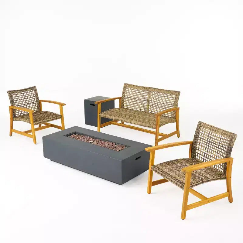 Christopher Knight Home Augusta Outdoor Acacia Wood and Wicker 4 Seater Chat Set with Fire Pit