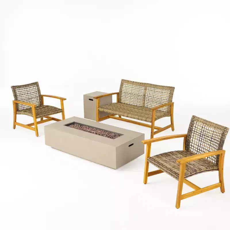 Christopher Knight Home Augusta Outdoor Acacia Wood and Wicker 4 Seater Chat Set with Fire Pit