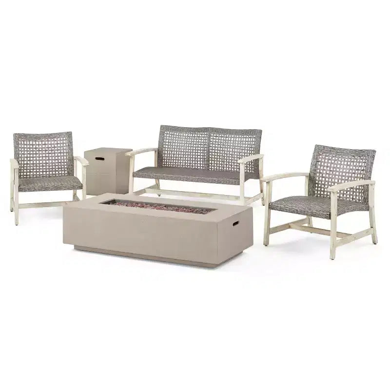 Christopher Knight Home Augusta Outdoor Acacia Wood and Wicker 4 Seater Chat Set with Fire Pit
