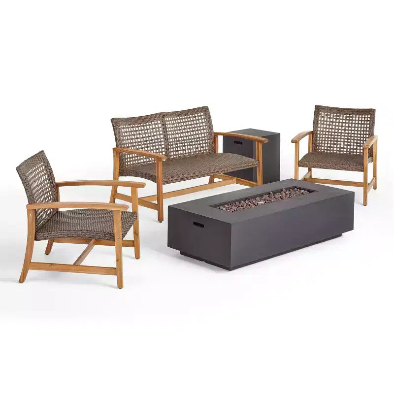 Christopher Knight Home Augusta Outdoor Acacia Wood and Wicker 4 Seater Chat Set with Fire Pit