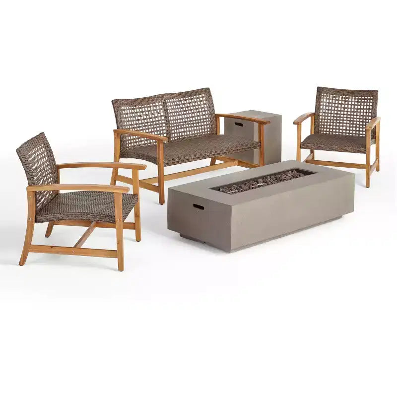 Christopher Knight Home Augusta Outdoor Acacia Wood and Wicker 4 Seater Chat Set with Fire Pit