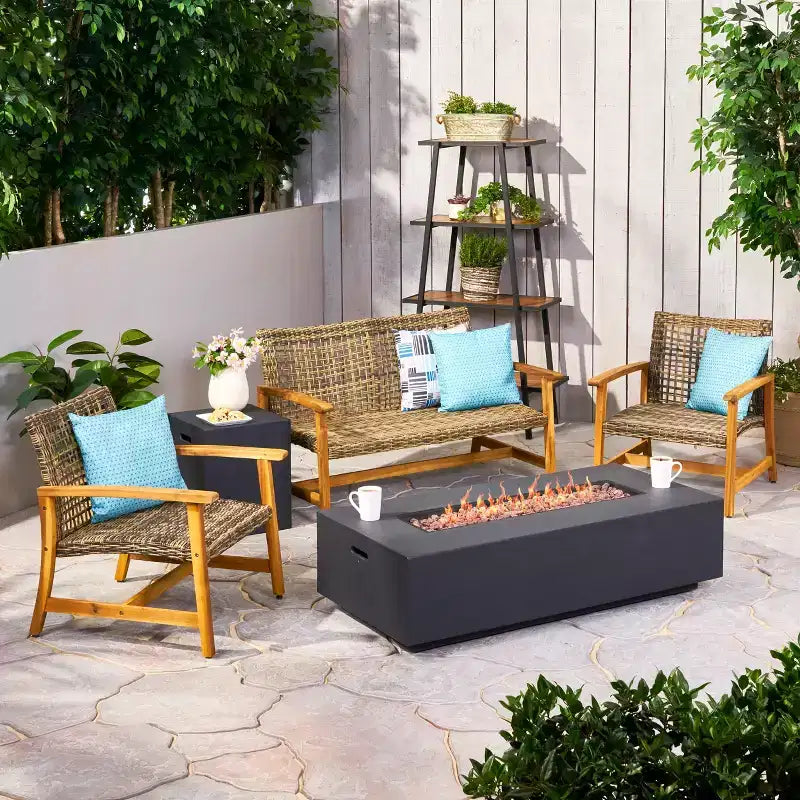 Christopher Knight Home Augusta Outdoor Acacia Wood and Wicker 4 Seater Chat Set with Fire Pit