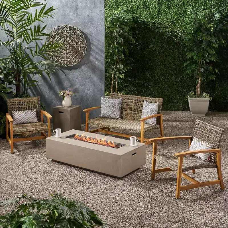 Christopher Knight Home Augusta Outdoor Acacia Wood and Wicker 4 Seater Chat Set with Fire Pit