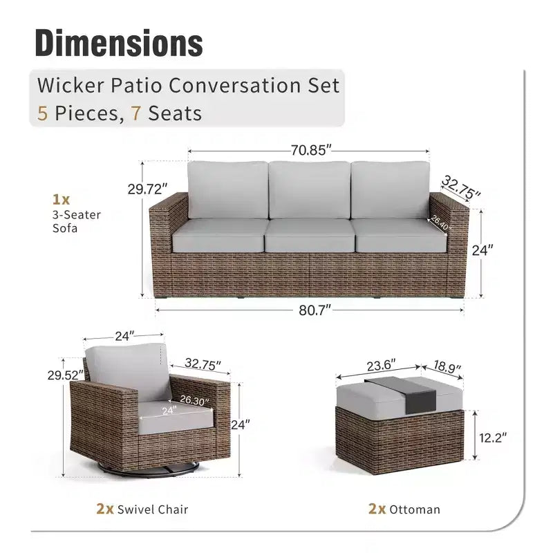 Captiva Designs 5pc Wicker Outdoor Patio Conversation Set with Ottoman for Backyard Deck Poolside