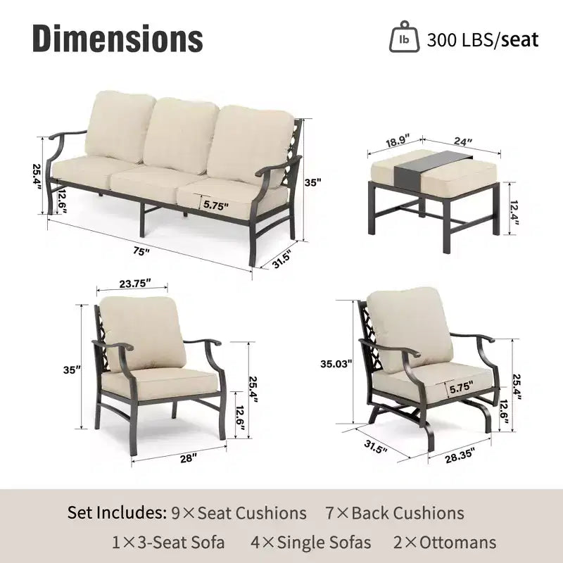 Captiva Designs 7pc Metal Patio Outdoor Conversation Set with Rocking Grid-back Chairs, Ottomans for Garden, Poolside, Backyard