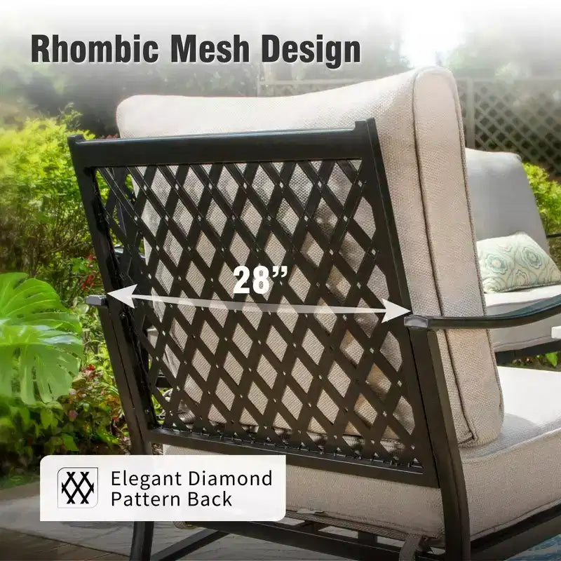 Captiva Designs 7pc Metal Patio Outdoor Conversation Set with Rocking Grid-back Chairs, Ottomans for Garden, Poolside, Backyard