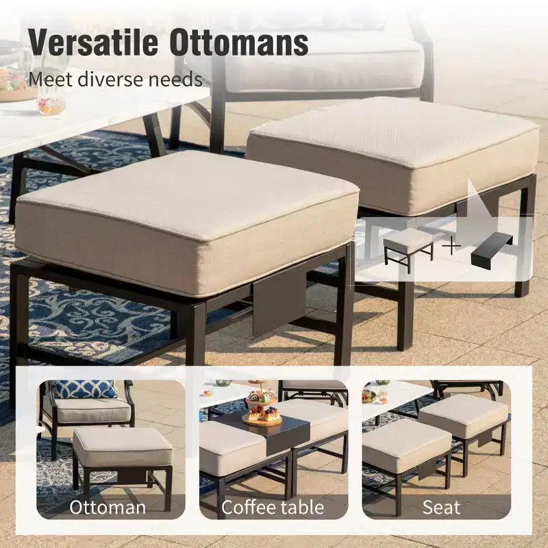 Captiva Designs 7pc Metal Patio Outdoor Conversation Set with Rocking Grid-back Chairs, Ottomans for Garden, Poolside, Backyard