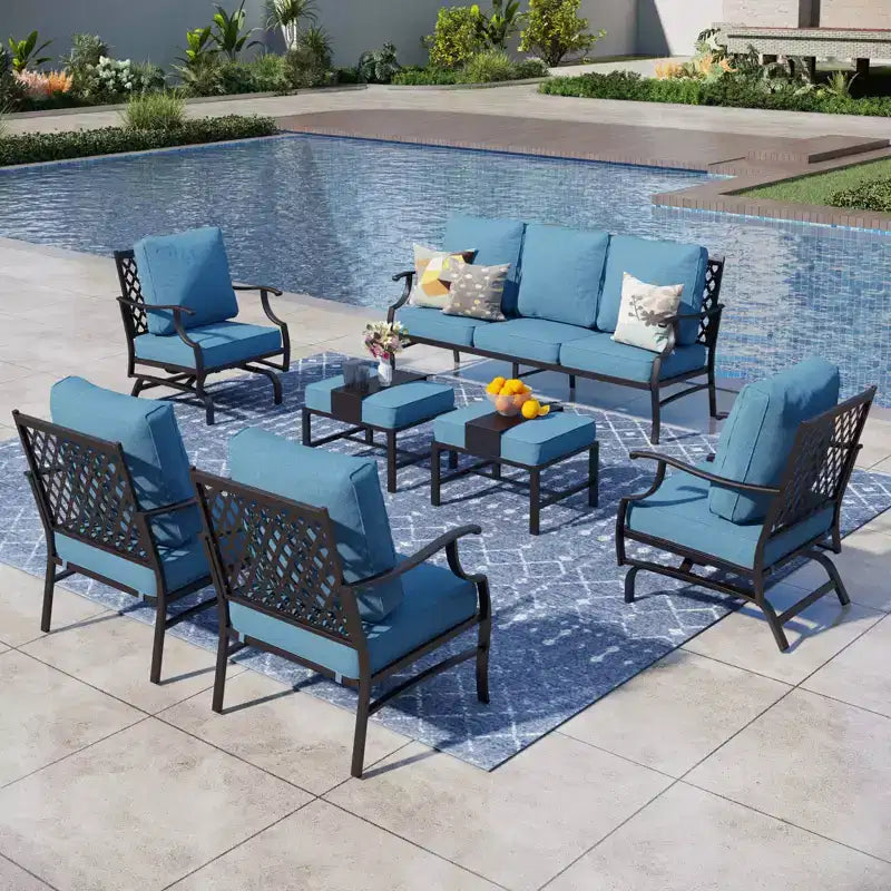 Captiva Designs 7pc Metal Patio Outdoor Conversation Set with Rocking Grid-back Chairs, Ottomans for Garden, Poolside, Backyard