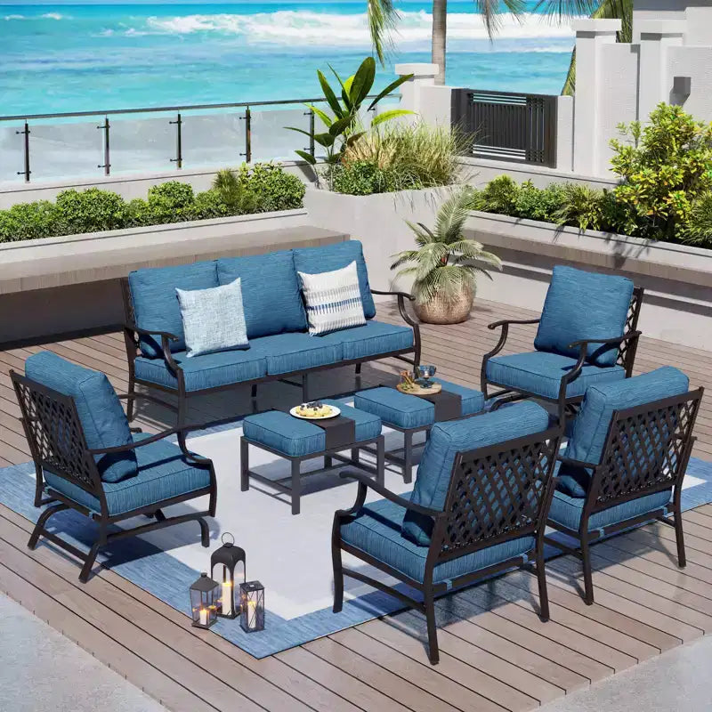 Captiva Designs 7pc Metal Patio Outdoor Conversation Set with Rocking Grid-back Chairs, Ottomans for Garden, Poolside, Backyard