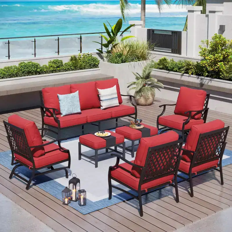 Captiva Designs 7pc Metal Patio Outdoor Conversation Set with Rocking Grid-back Chairs, Ottomans for Garden, Poolside, Backyard