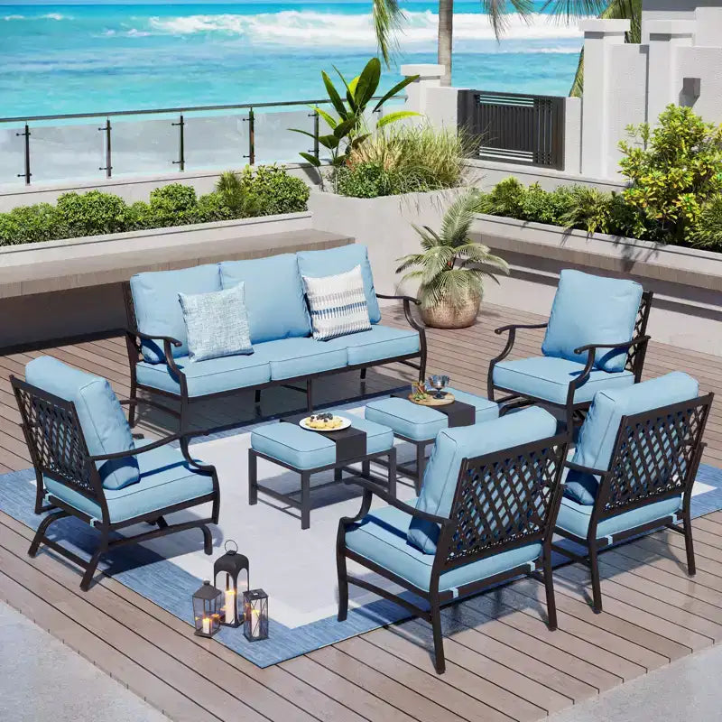 Captiva Designs 7pc Metal Patio Outdoor Conversation Set with Rocking Grid-back Chairs, Ottomans for Garden, Poolside, Backyard