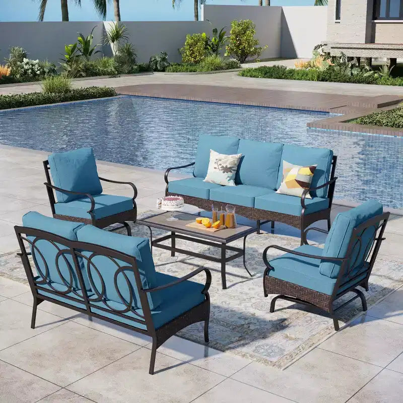 Captiva Designs 5pc Extra Large Metal and Rattan Outdoor Patio Conversation Set with Rocking Chairs and Loveseat