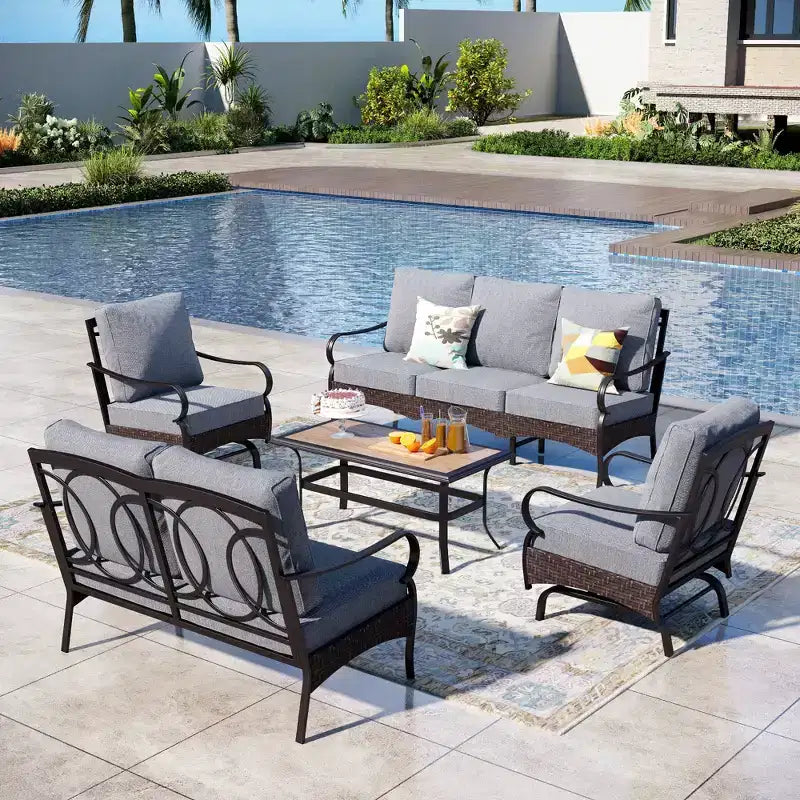 Captiva Designs 5pc Extra Large Metal and Rattan Outdoor Patio Conversation Set with Rocking Chairs and Loveseat