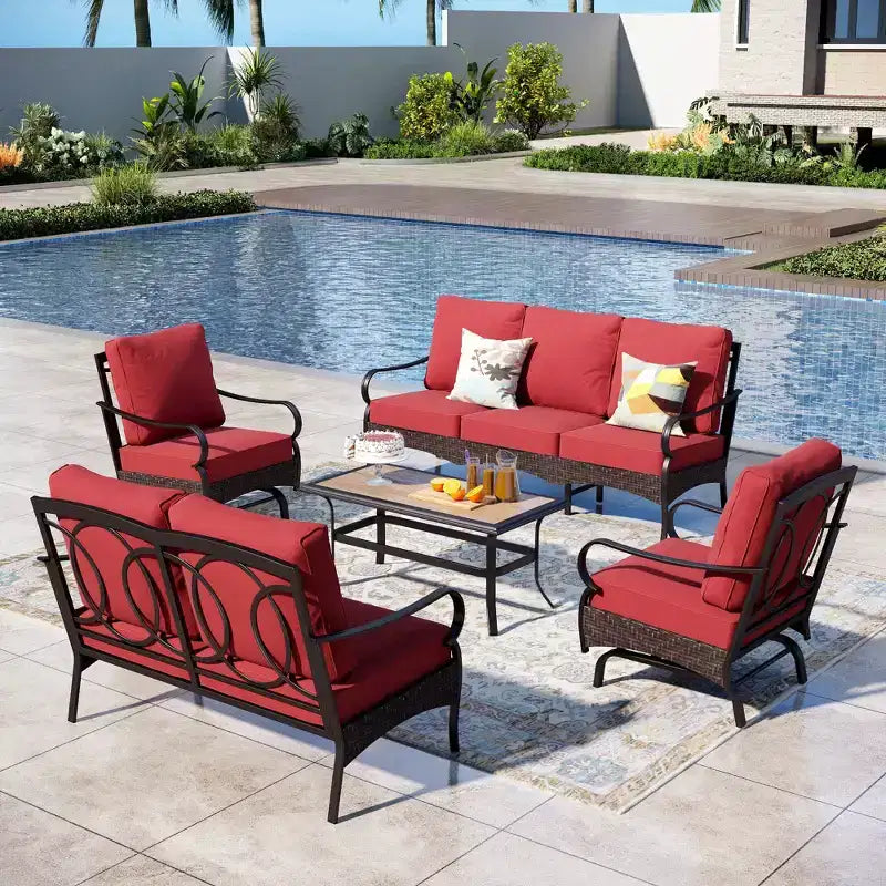 Captiva Designs 5pc Extra Large Metal and Rattan Outdoor Patio Conversation Set with Rocking Chairs and Loveseat