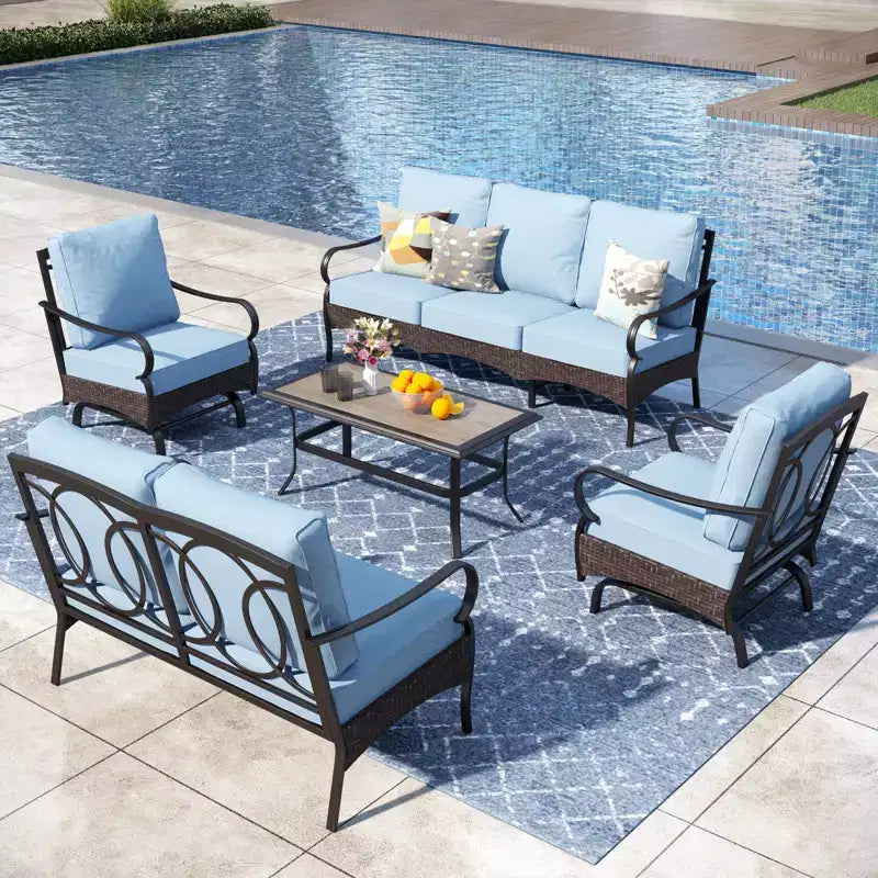 Captiva Designs 5pc Extra Large Metal and Rattan Outdoor Patio Conversation Set with Rocking Chairs and Loveseat
