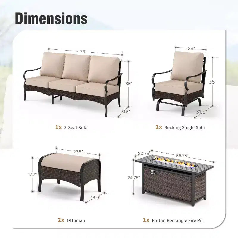 Captiva Designs 6pc Extra Large Metal and Rattan Outdoor Patio Fire Pit Set with Rocking Sofas and Ottomans