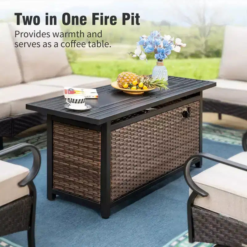 Captiva Designs 6pc Extra Large Metal and Rattan Outdoor Patio Fire Pit Set with Rocking Sofas and Ottomans