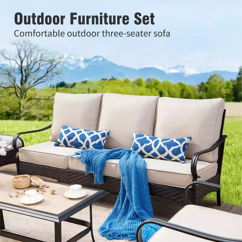Captiva Designs 6pc Extra Large Metal and Rattan Outdoor Patio Fire Pit Set with Rocking Sofas and Ottomans