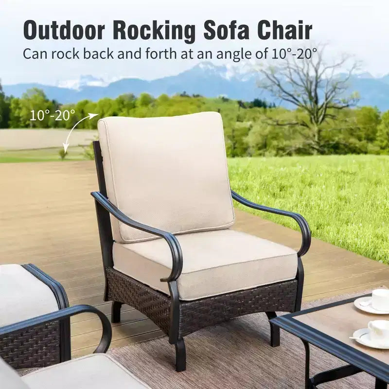 Captiva Designs 6pc Extra Large Metal and Rattan Outdoor Patio Fire Pit Set with Rocking Sofas and Ottomans