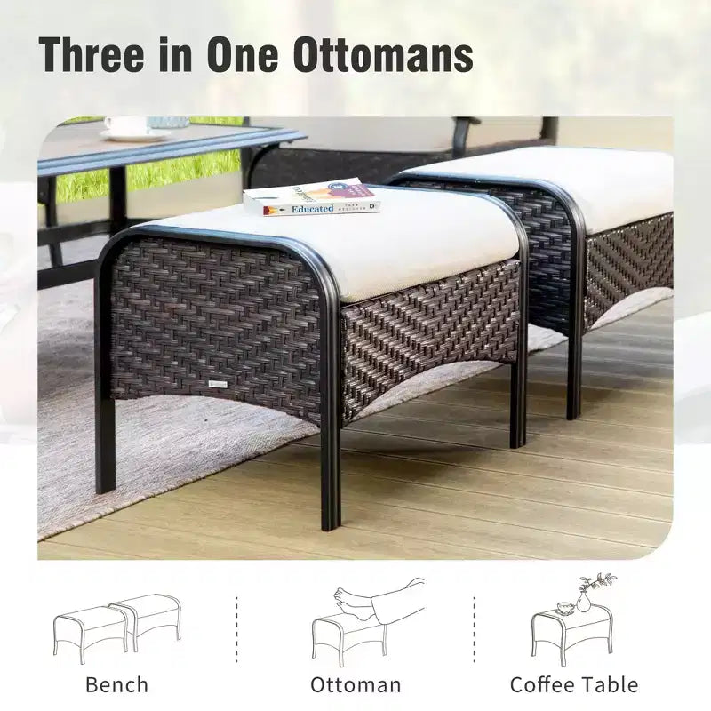 Captiva Designs 6pc Extra Large Metal and Rattan Outdoor Patio Fire Pit Set with Rocking Sofas and Ottomans