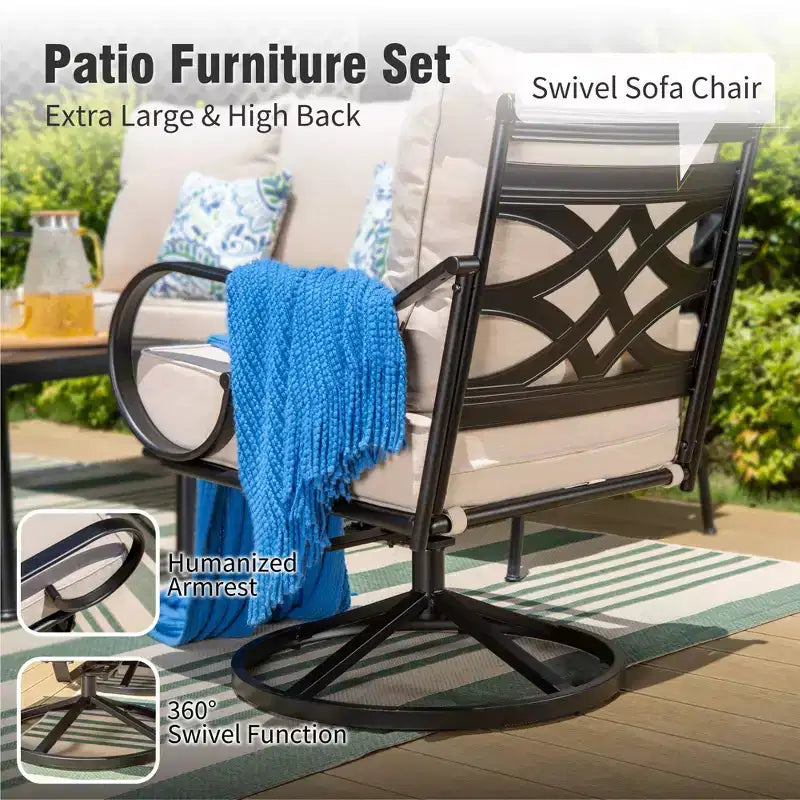 Captiva Designs 6pc Extra Large Metal Outdoor Patio Conversation Set with Swivel Pattern-back Chairs