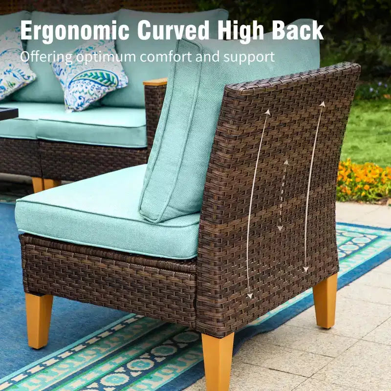 Captiva Designs 10pc Wicker Outdoor Patio Rattan Sectional Conversation Set with Fire Pit Table and Cushioned Ottoman
