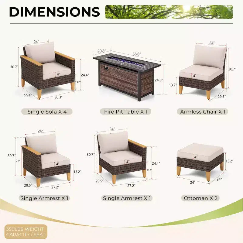 Captiva Designs 10pc Wicker Outdoor Patio Rattan Sectional Conversation Set with Fire Pit Table and Cushioned Ottoman