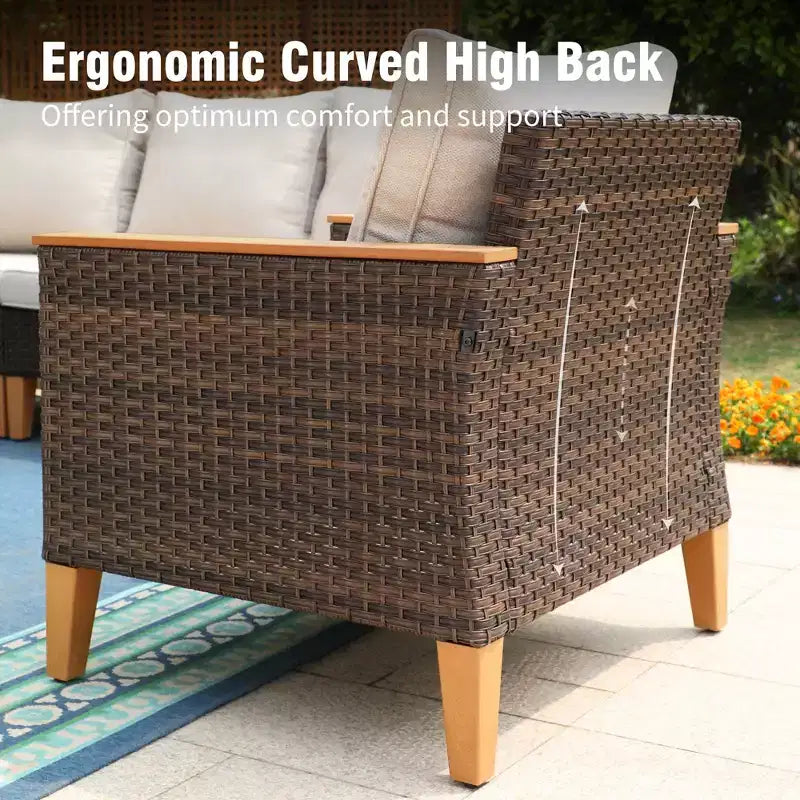 Captiva Designs 10pc Wicker Outdoor Patio Rattan Sectional Conversation Set with Fire Pit Table and Cushioned Ottoman