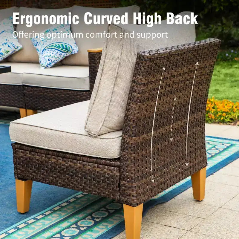 Captiva Designs 10pc Wicker Outdoor Patio Rattan Sectional Conversation Set with Fire Pit Table and Cushioned Ottoman