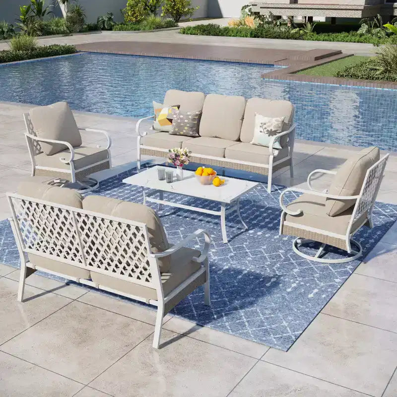 Captiva Designs 5pc Extra Large Metal and Rattan Outdoor Patio Conversation Set with Swivel Grid-back Chairs and Loveseat