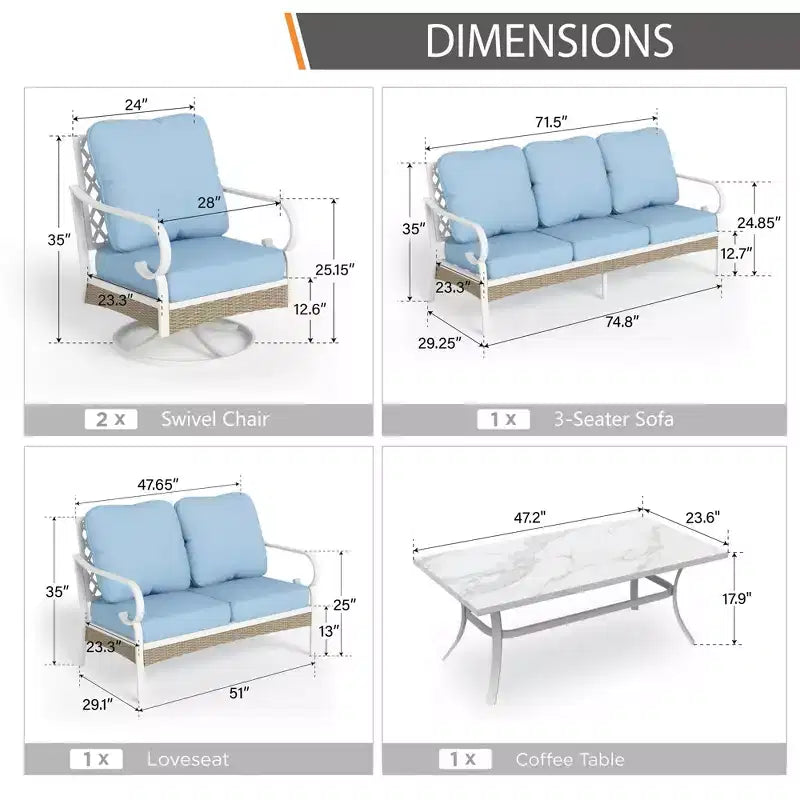 Captiva Designs 5pc Extra Large Metal and Rattan Outdoor Patio Conversation Set with Swivel Grid-back Chairs and Loveseat