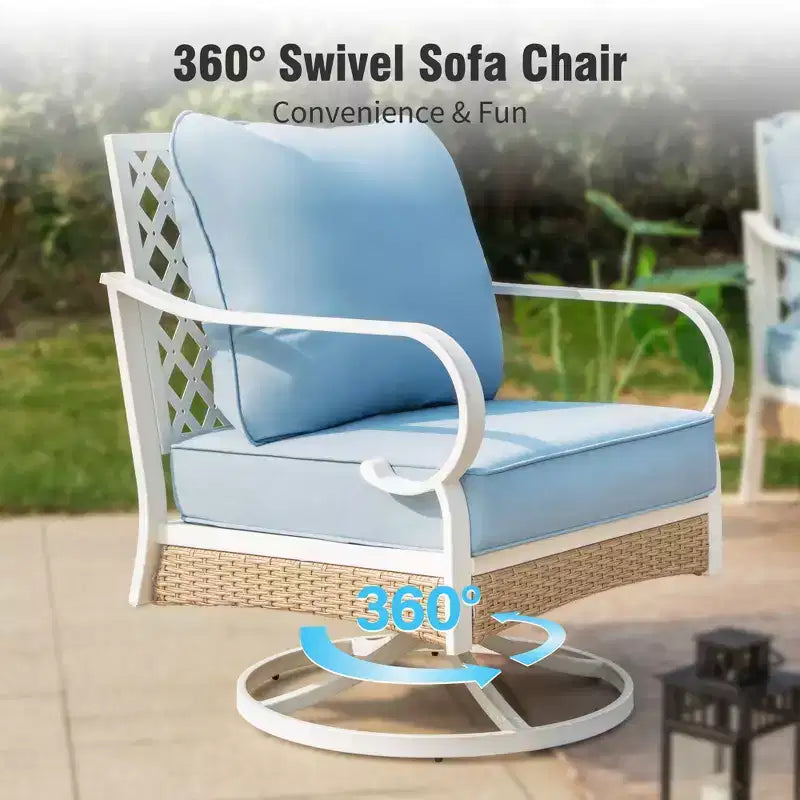 Captiva Designs 5pc Extra Large Metal and Rattan Outdoor Patio Conversation Set with Swivel Grid-back Chairs and Loveseat