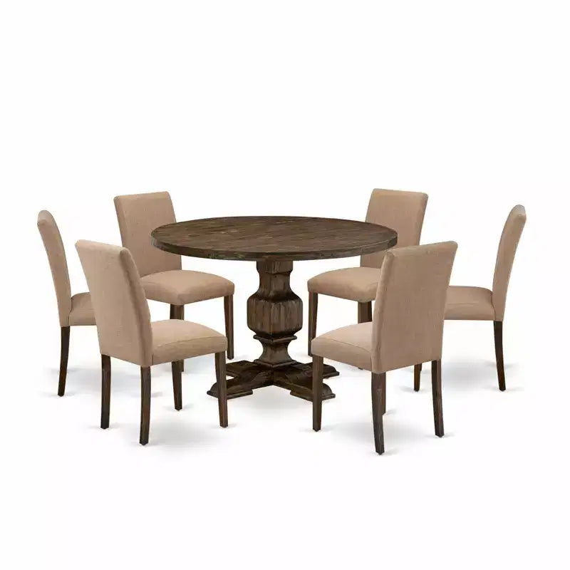 HomeStock 7 Piece Dining Set Round Table 6 Parsons Chairs Distressed Jacobean Light Sable