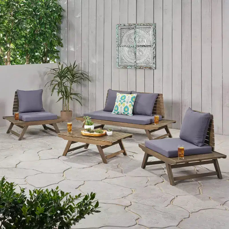 Christopher Knight Home Sedona Outdoor Acacia Wood 4 Seater Chat Set with Cushions