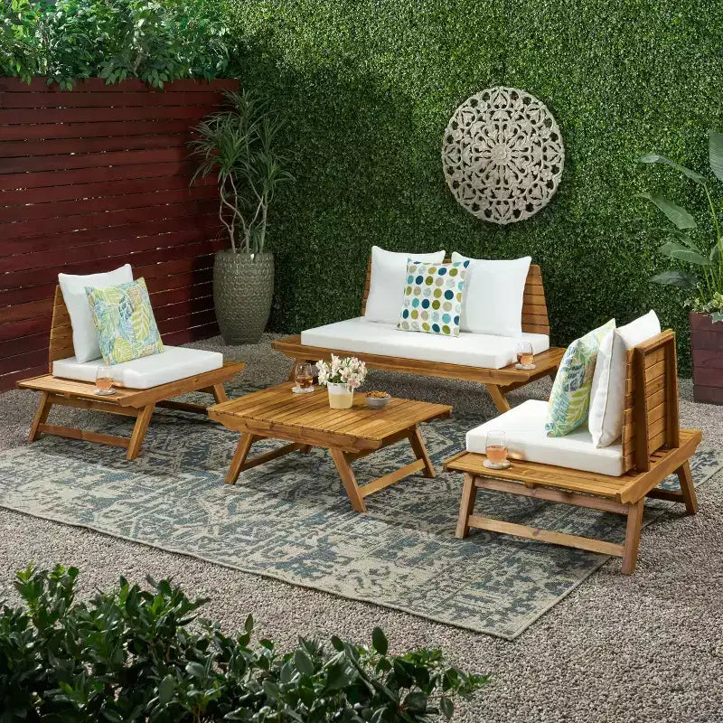 Christopher Knight Home Sedona Outdoor Acacia Wood 4 Seater Chat Set with Cushions